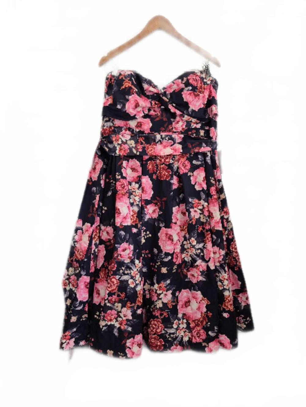 Nwt 1901 Ladies Navy Blue Pink Floral Strapless Midi Dress Sweetheart Neckline